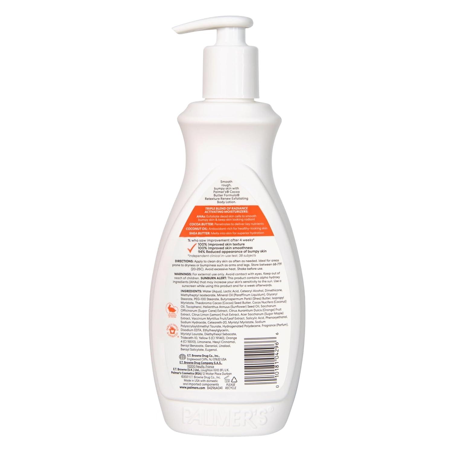 Palmer’s Cocoa Butter Formula Retexture & Renew Exfoliating Body Lotion for Rough & Bumpy Skin, Triple Action Moisturizers + AHAs, Pump Bottle, 13.5 Ounce(13.5 Fl Oz (Pack of 2)) - view 3