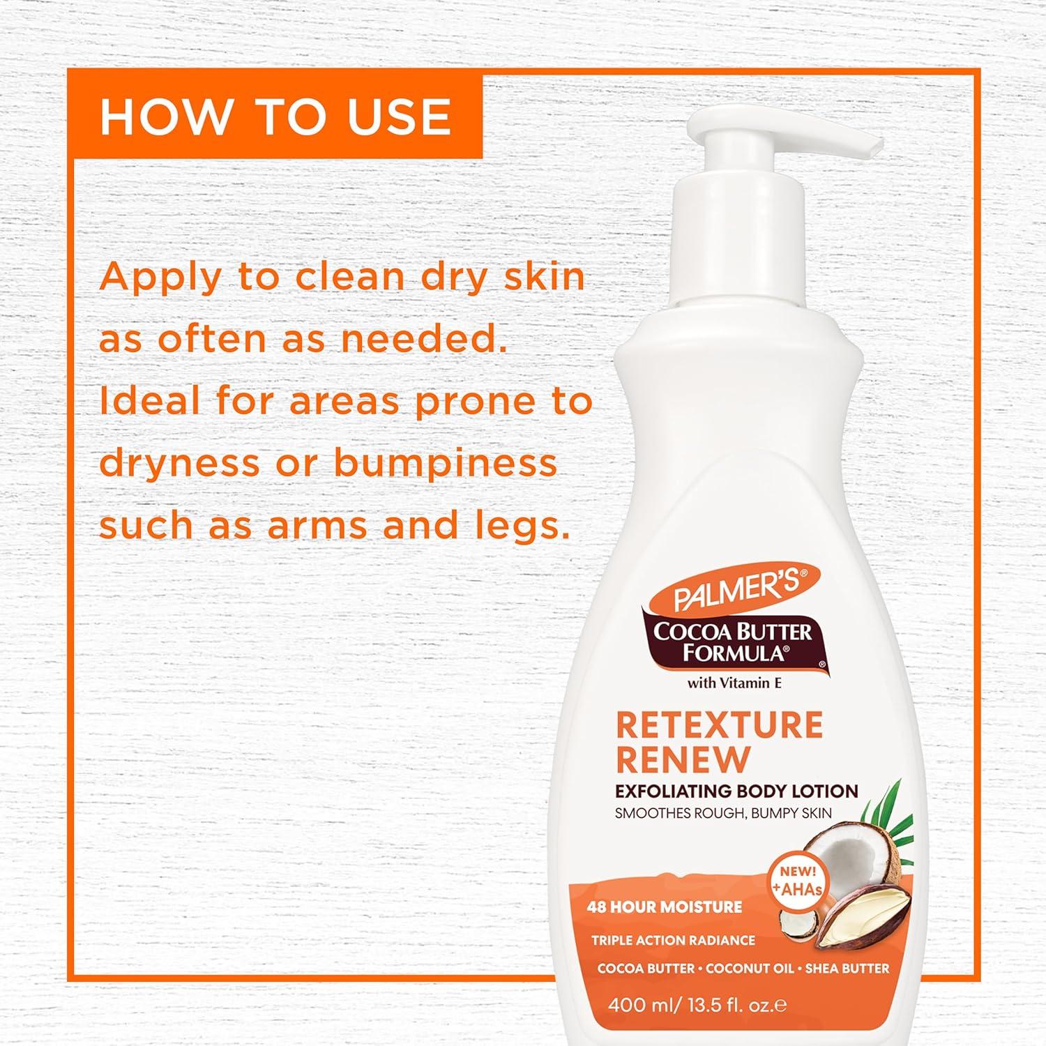 Palmer’s Cocoa Butter Formula Retexture & Renew Exfoliating Body Lotion for Rough & Bumpy Skin, Triple Action Moisturizers + AHAs, Pump Bottle, 13.5 Ounce(13.5 Fl Oz (Pack of 2)) - view 7
