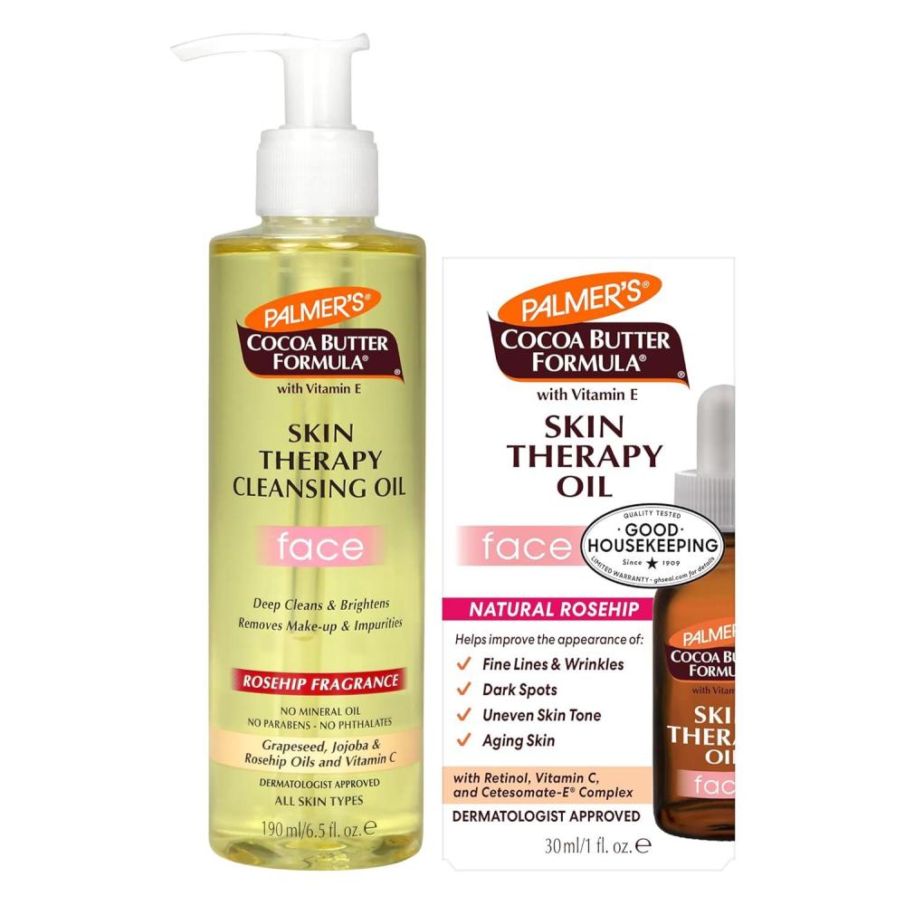 Palmer’s Face Oil + Facial Cleanser Oil, Cocoa Butter with Vitamin E & Rosehip Fragrance Skin Care Bundle, Includes 1 Cleansing Oil to Clean & Brighten Skin (6.5 fl oz) and 1 Facial Oil (1 fl oz)