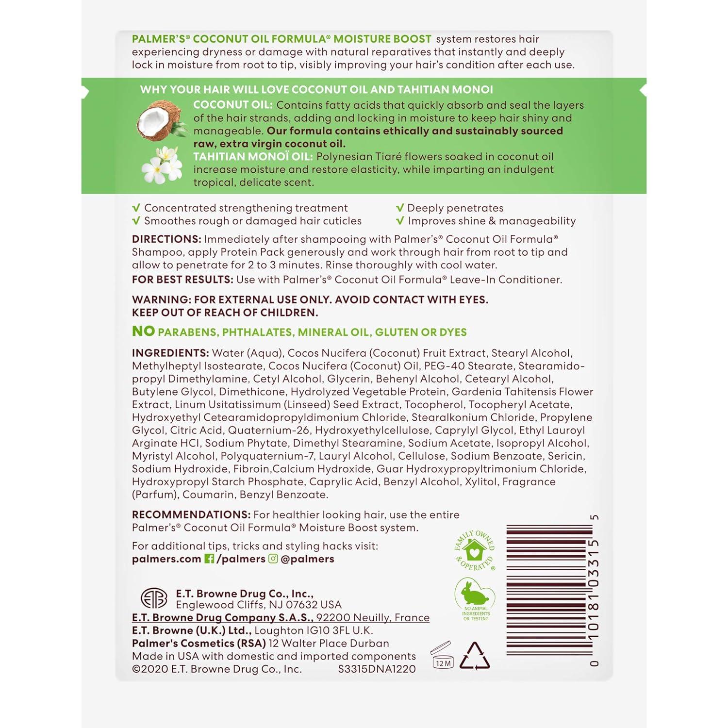 Palmer’s Coconut Oil Formula Moisture Boost Protein Pack, Hair Treatment for Dry, Damaged, Over-Processed and Colored Hair, 2.1 Ounce (Pack of 12) - view 3