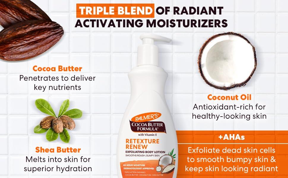 Palmer’s Cocoa Butter Formula Retexture & Renew Exfoliating Body Lotion for Rough & Bumpy Skin, Triple Action Moisturizers + AHAs, Pump Bottle, 13.5 Ounce(13.5 Fl Oz (Pack of 1)) - view 6