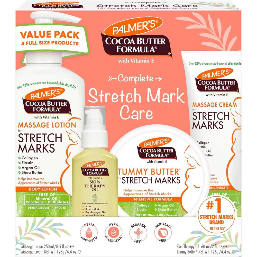 Palmer’s Cocoa Butter Formula Pregnancy Skin Care Kit for Stretch Marks and Scars, Dermatologist Approved, Gift for Mom to Be, 4 Piece Full Size Set