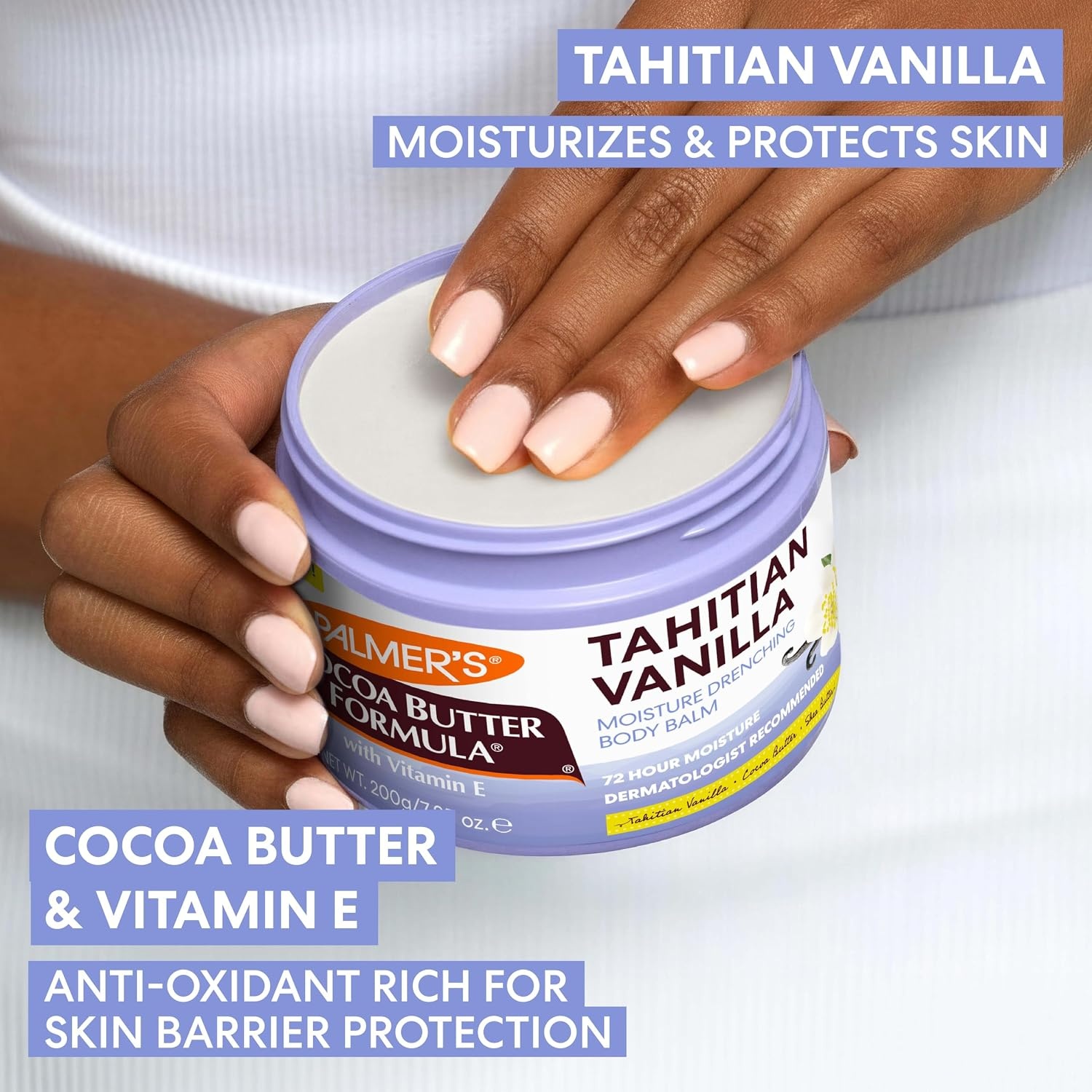 Palmers Cocoa Butter Formula, Tahitian Vanilla Moisture Drenching Body Balm (7.25 oz), Warm Vanilla Body Moisturizer for Dry Skin, Softens & Nourishes, 72-Hour Moisture, Dermatologist Approved - view 4
