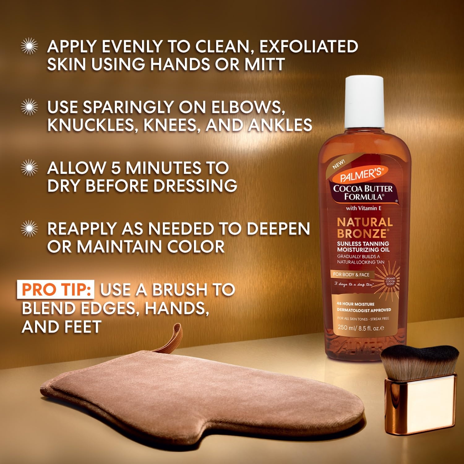 Palmer’s Cocoa Butter Formula, Natural Bronze Sunless Tanning Moisturizing Body Oil (8.5 fl oz), Face & Body Gradual Tanner, Buildable, Natural-Looking Tan in 3 Days, No Streak, 48-Hour Moisture - view 7