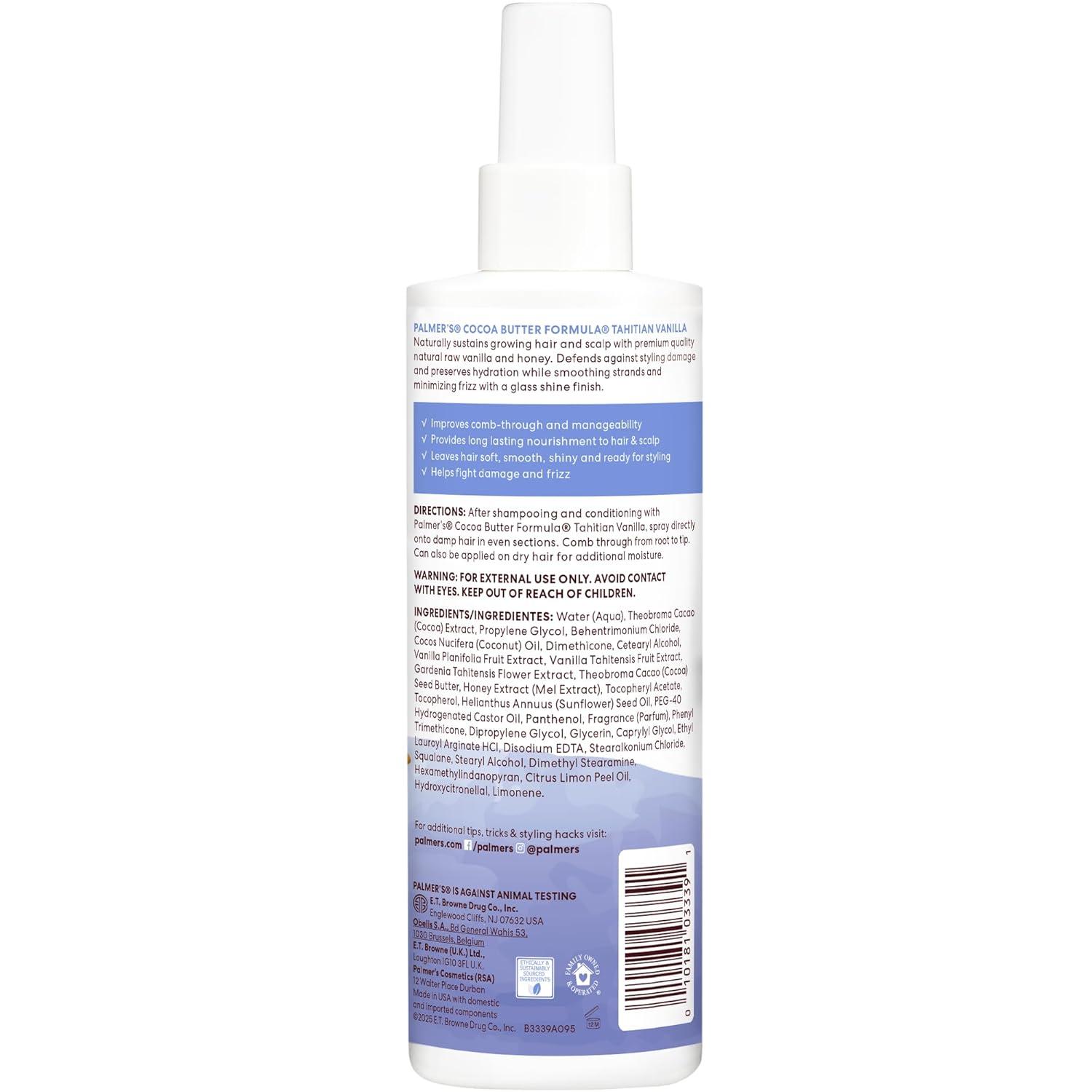 Palmer’s Cocoa Butter Formula, Tahitian Vanilla Leave In Conditioner Spray, (8.5 Fl Oz), Hydrating Hair Detangler with Acacia Honey & Vitamin E, Heat Protectant, Frizz Control & Long-Lasting Moisture - view 8