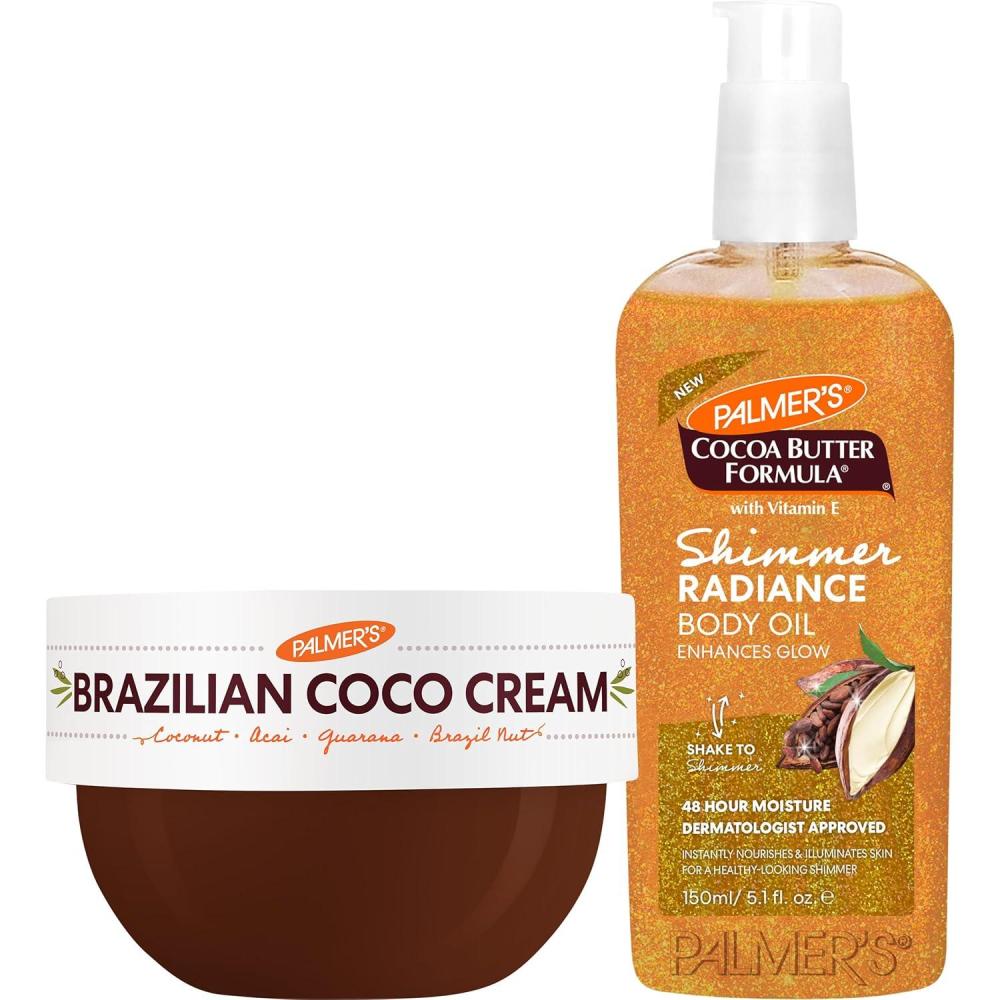 Palmer’s Brazilian Coco Cream & Shimmer Body Oil Duo, Whipped Firming Body Cream (8.8 Oz) + Shimmer Radiance Oil (5.1 Fl Oz) for Glowing, Tighter-Looking Skin, Provides 48 Hour Moisture