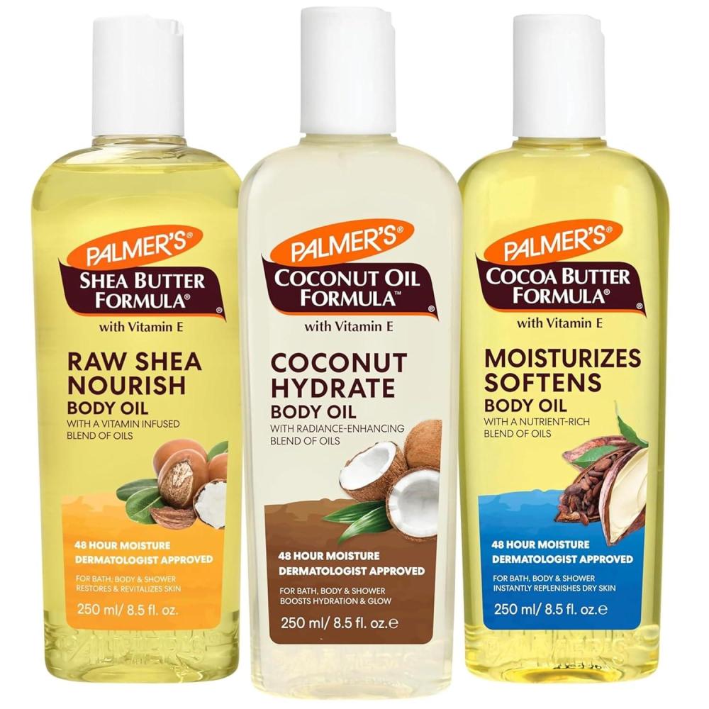 Palmer’s Body Oil Variety Pack, Cocoa Butter, Coconut, and Shea, Dermatologist Approved, Instant Absorption, Bath, Body & Shower, 3 Pack (8.5 oz x 3)