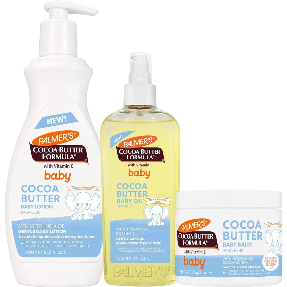 Palmer’s Cocoa Butter Formula Baby Essentials Trio, Lotion (13.5  Oz), Oil (5.1 Oz), Balm (3.5 Oz), Provides 48 Hr Moisture to Soothe & Protect Baby’s Skin