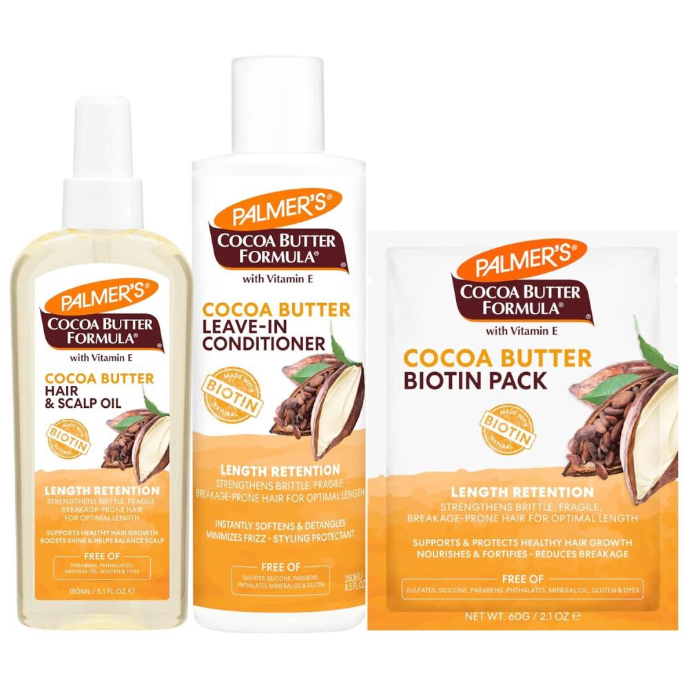 Palmer’s Cocoa Butter Hair & Scalp Care Bundle: Oil Spray (5.1 fl oz), Leave-In Conditioner (8.5 fl oz), and Biotin Packette (2.1 oz)